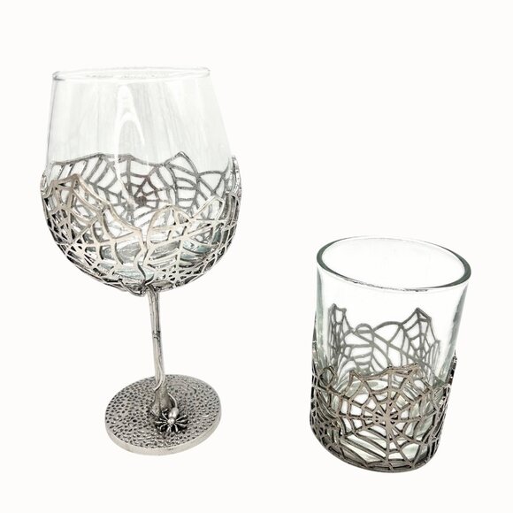 TMD Other - NEW TMD SILVER METAL SPIDERWEB STEMMED WINE & WHISKEY GLASS SET GOTHIC HALLOWEEN